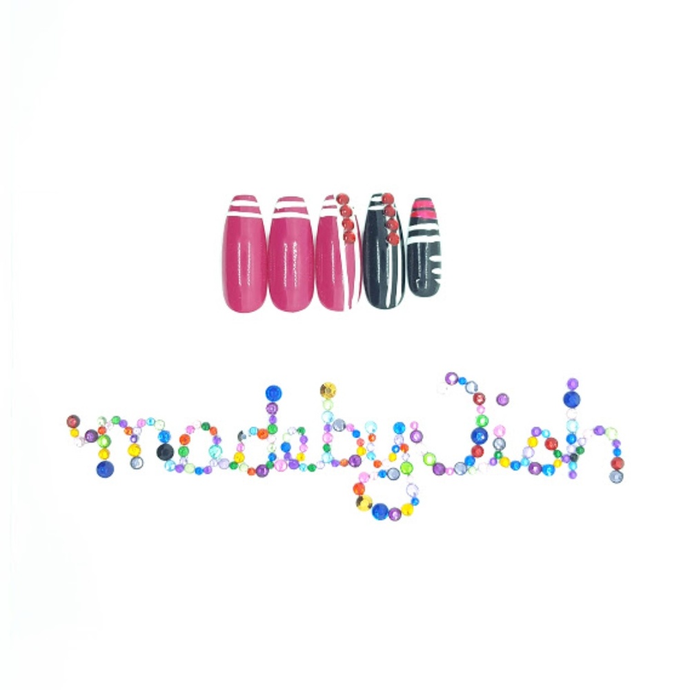Black Pink Stripes Long Coffin Press On Nails